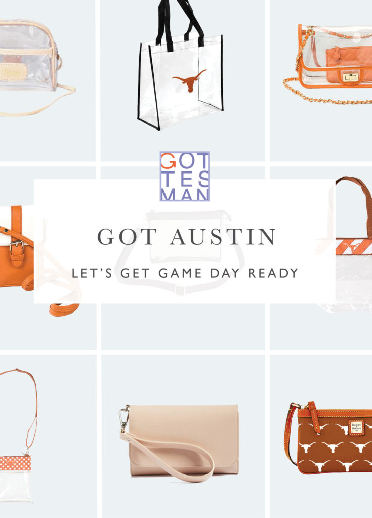 Stadium-friendly handbags with text overlay, "Let's Get Game Day Ready"