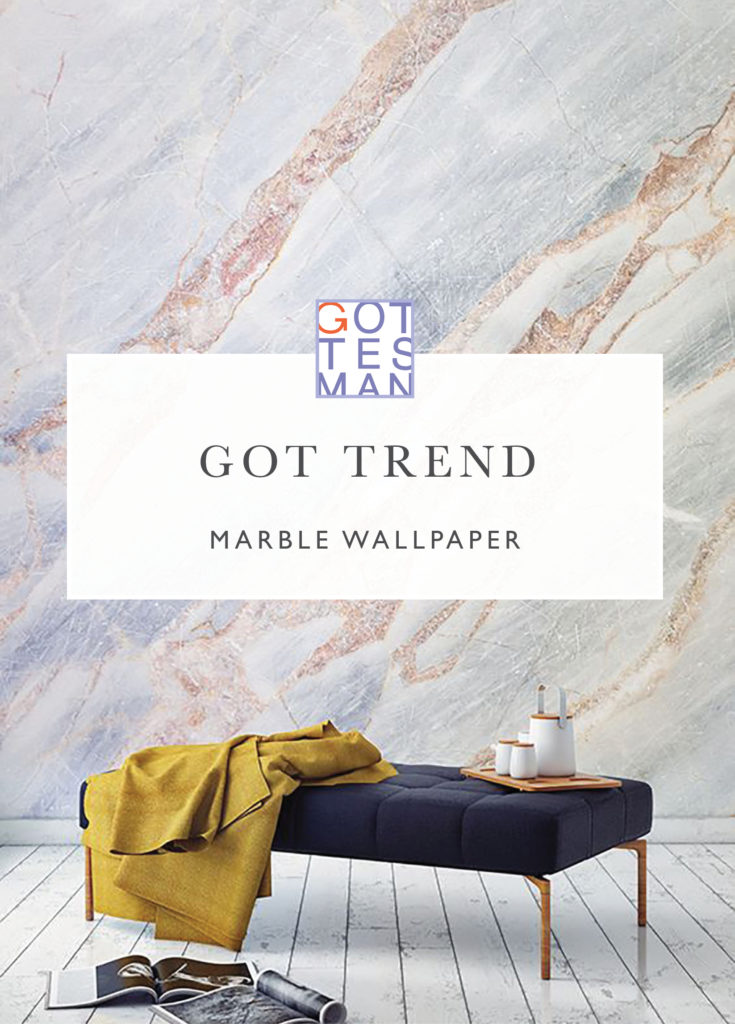 Room with marble wallpaper with text overlay, "Got Trend" Marble Wallpaper"