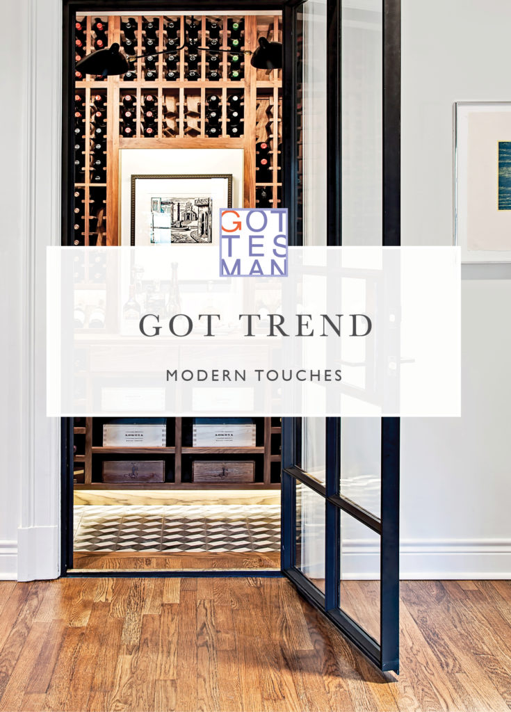 Wine cellar with text overlay, "Got Trend: Modern Touches"