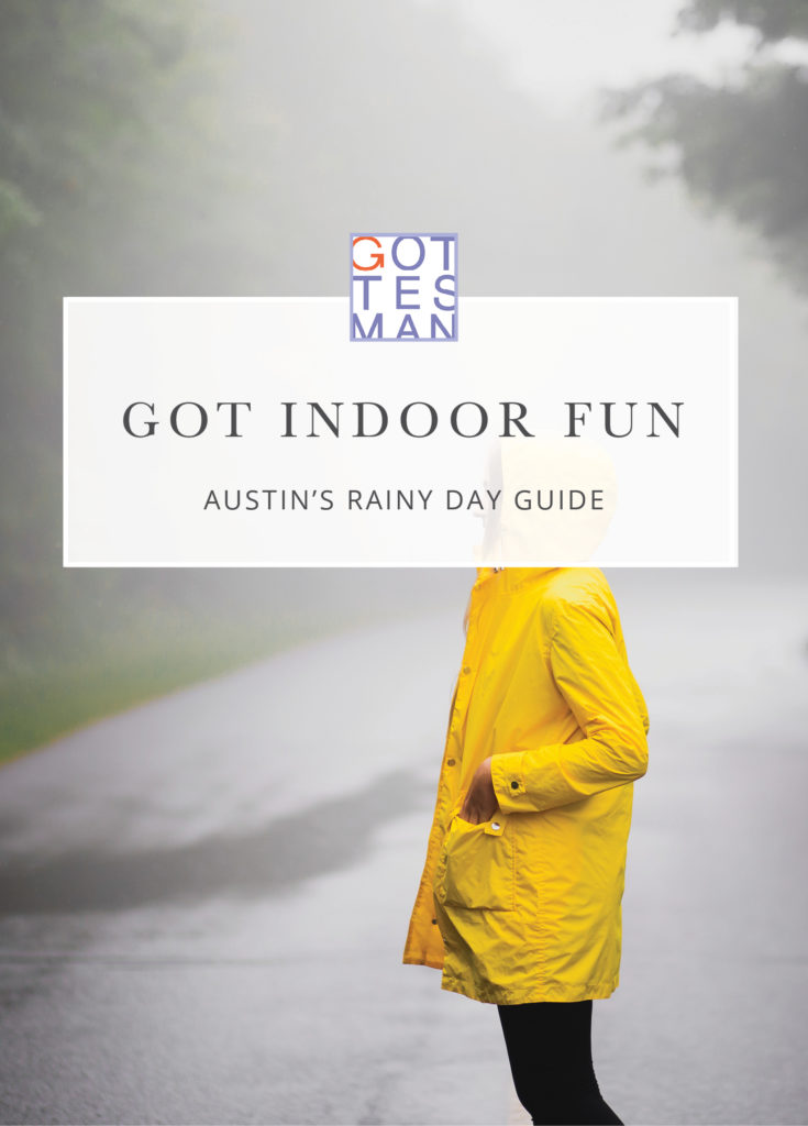 Woman outside in a yellow rain jacket with text overlay, "Got Indoor Fun: Austin's Rainy Day Guide"