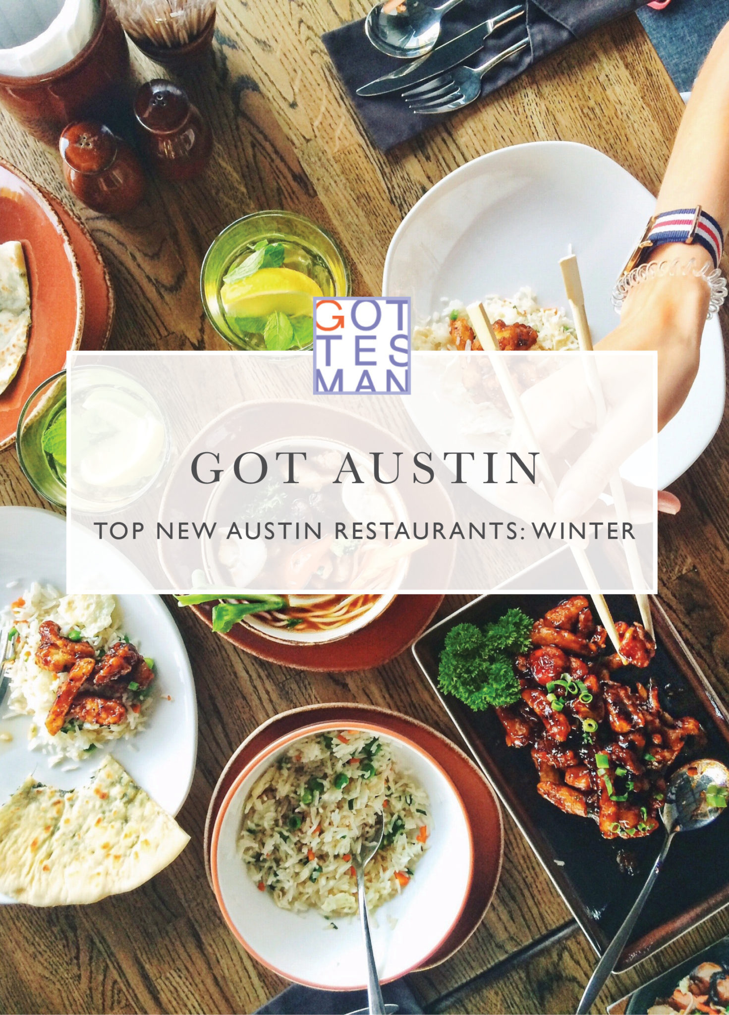 Table with food with text overlay, "Got Austin: Top New Austin Restaurants: Winter"