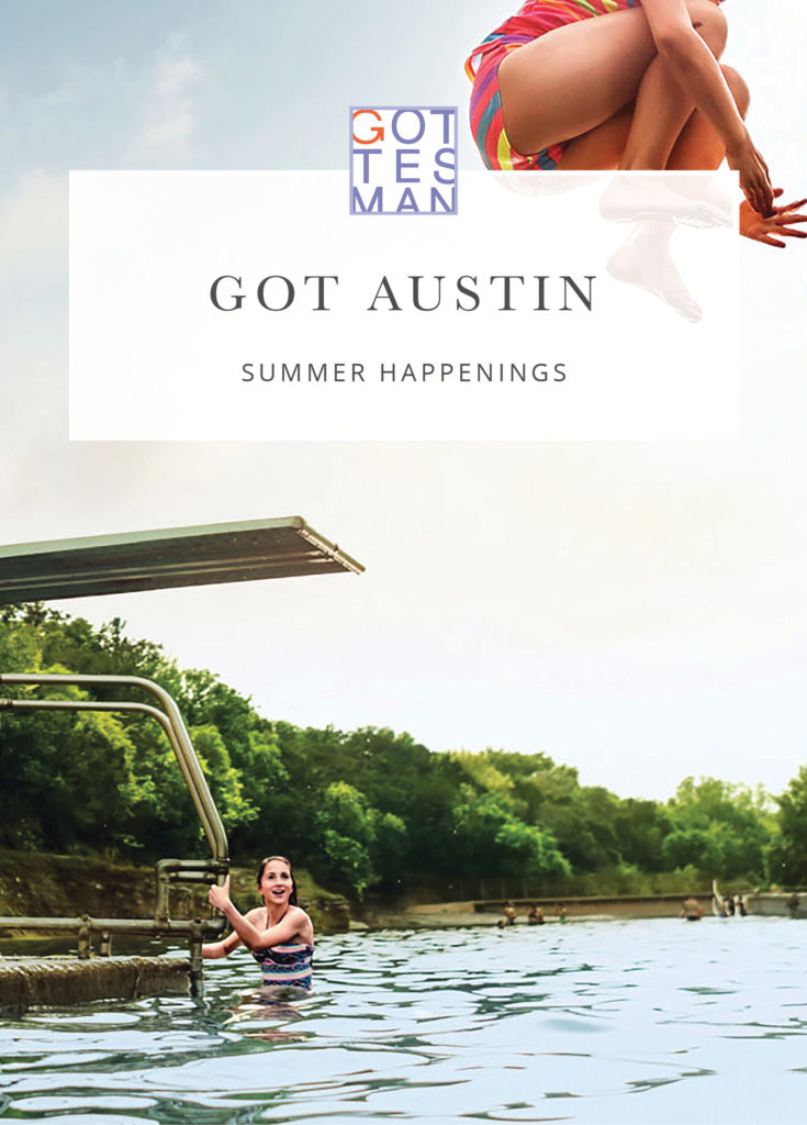 Natural swimming pool with text overlay, "Got Austin: Summer Happenings"