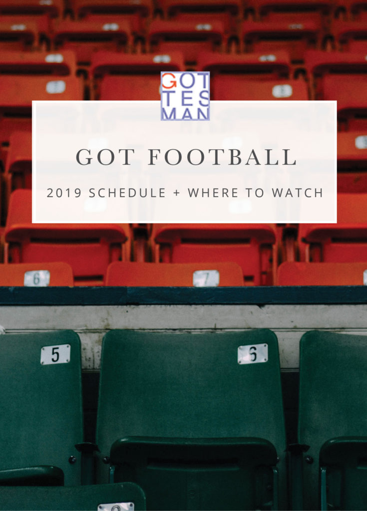 Stadium seats with text overlay, "Got Football: 2019 Schedule and Where to Watch"