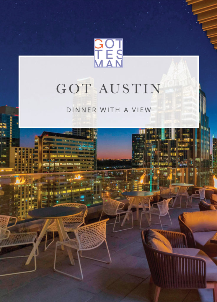 Rooftop restaurant with text overlay, "Got Austin: Dinner With a View"