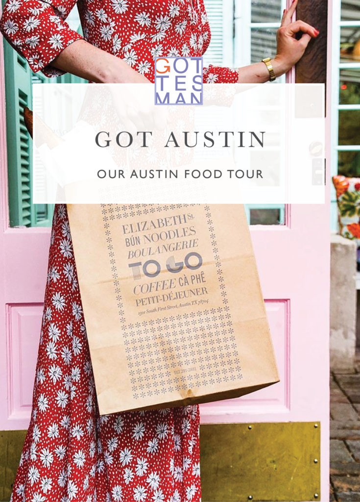 Person carrying takeout bag with text overlay, "Got Austin: Our Austin Food Tour"